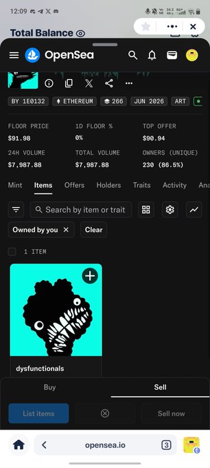 A screenshot of an OpenSea NFT collection page showing a floor price of $91.98, 24H volume of $7,987.88, with one item called 'dysfunctionals' visible.