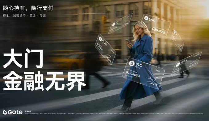 A Gate.io cryptocurrency advertisement with a woman looking at her phone surrounded by floating crypto price cards (BTC, ETH, etc.), featuring the Chinese tagline '大门金融无界' (Financial boundaries without borders).