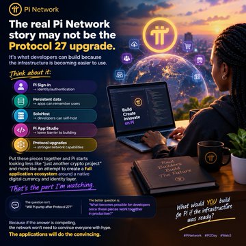 The image is a promotional graphic for Pi Network highlighting the Protocol 27 upgrade, showing a woman coding on a laptop with code reading "build faster innovate 127" alongside icons for Pi Sign-In, Persistent data, SoloHost, Pi App Studio, and Protocol upgrades, with a tagline asking "What would you build on Pi if the infrastructure was ready?"