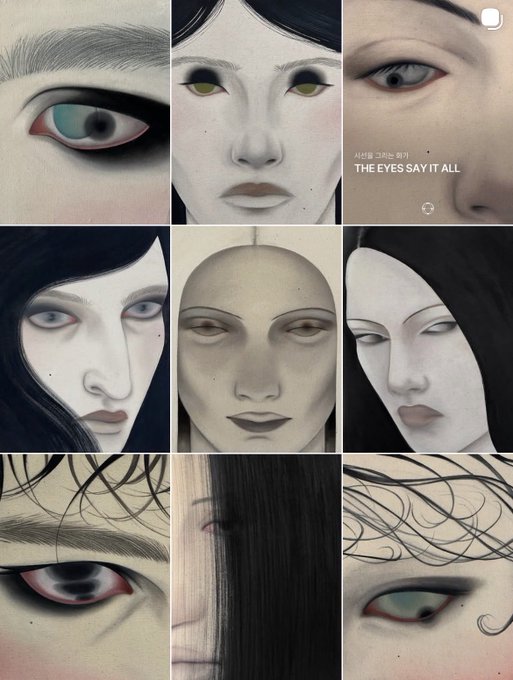 A collage of nine stylized, pale-skinned portraits and close-up eyes with the Korean text 'THE EYES SAY IT ALL'.