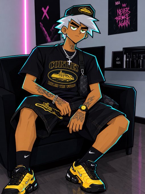An anime-style illustration of a young man with white hair, tattoos, and yellow sneakers, wearing a 'CORTISEL' shirt and sitting in a black chair in a neon-lit room.