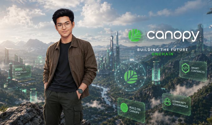 The image features a young man standing against a futuristic cityscape backdrop with the "Canopy" logo and tagline "BUILDING THE FUTURE ONCHAIN," surrounded by floating digital modules highlighting key features: "WEB3 DECENTRALIZED FUTURE," "SMART CONTRACTS," "COMMUNITY GOVERNANCE," and "BUILD ON CANOPY."

The visual reinforces the post's message about hidden dependencies in sovereign infrastructure—by showcasing Canopy as an integrated, all-in-one onchain ecosystem (with built-in smart contracts, governance, and decentralized infrastructure), the image presents Canopy as the solution to the fragmented vendor problem described in the caption.