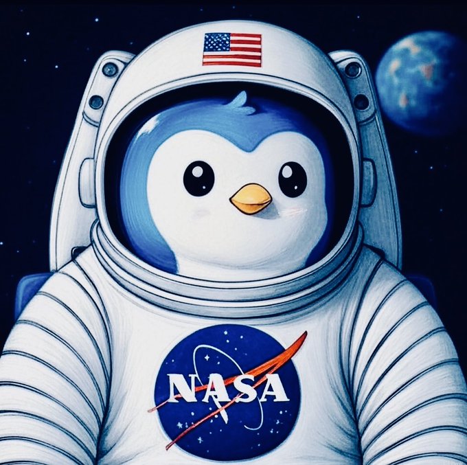 A cheerful penguin dressed as a NASA astronaut, with the U.S. flag and “NASA” logo visible, floats in space. The post’s “know the mission $PENGU” suggests a playful meme linking the penguin astronaut to the PENGU token/mission.