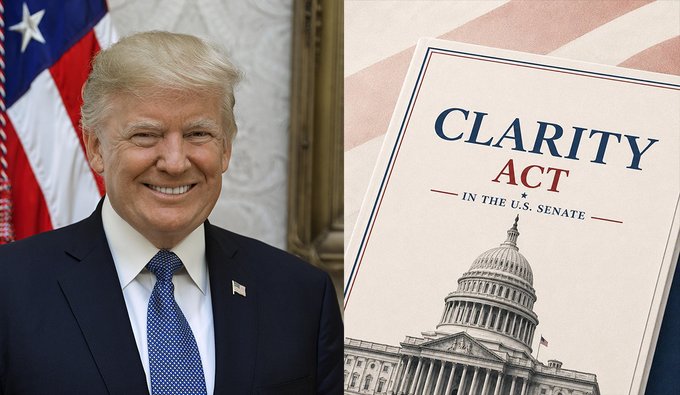 Donald Trump smiles in a suit with a blue tie, positioned next to a document titled 'CLARITY ACT IN THE U.S. SENATE' featuring the Capitol building.