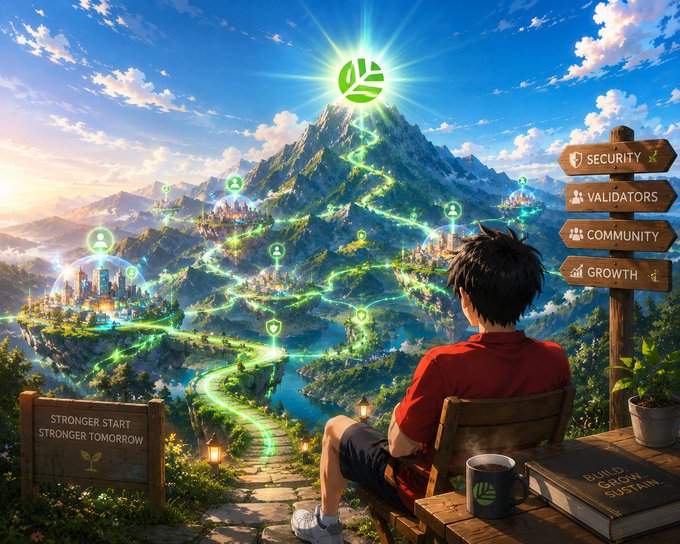 A digital artwork showing a person sitting on a wooden chair overlooking a fantasy landscape with mountains, glowing pathways, and signposts reading 'SECURITY', 'VALIDATORS', 'COMMUNITY', and 'GROWTH'.