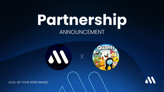 A partnership announcement graphic featuring two logos separated by an 'X', with the text 'Partnership Announcement' and 'LEVEL UP YOUR WEB3 BRAND' on a dark blue background.