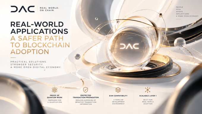 A promotional banner for DAC (Real World. On Chain.) advertising 'REAL-WORLD APPLICATIONS' and 'A SAFER PATH TO BLOCKCHAIN ADOPTION' with features like Proof of Quantum Work, Protected Transaction Propagation, EVM Compatibility, and Scalable Layer 1.
