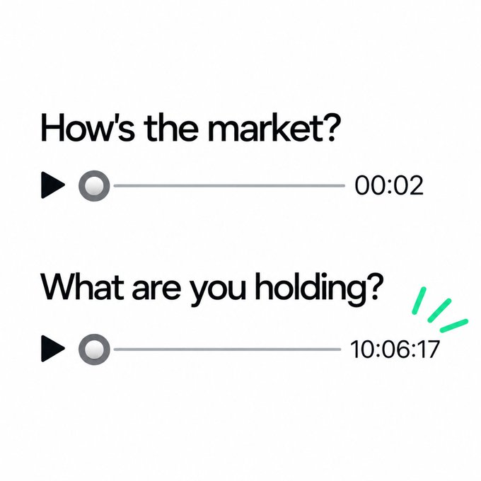 A digital audio player interface displays two voice messages: a brief "How's the market?" clip at 00:02, followed by a lengthy "What are you holding?" response running over 10 hours (10:06:17), humorously implying a delayed or overly detailed reply to the original question.
