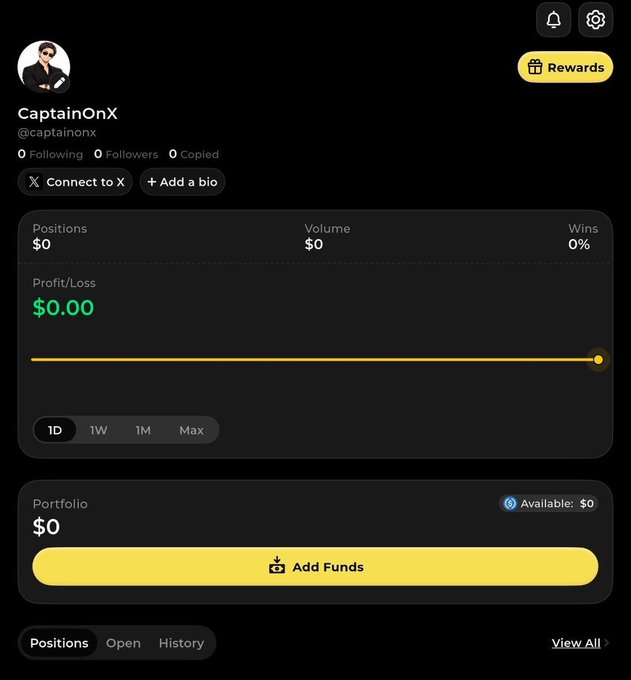 A dark-mode trading profile for “CaptainOnX” (@captainonx) shows $0 positions, $0 volume, 0% wins, $0.00 profit/loss, and an “Add Funds” button.