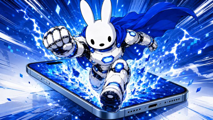 An action illustration of an armored rabbit character wearing a blue cape, bursting out of a smartphone screen with a dynamic blue energy background.