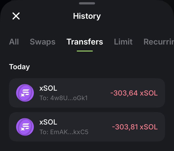A transaction history screen on a mobile app showing the 'Transfers' tab with two outgoing xSOL transactions today: -303.64 xSOL to address 4w8U...oGk1 and -303.81 xSOL to address EmAK...kxc5.