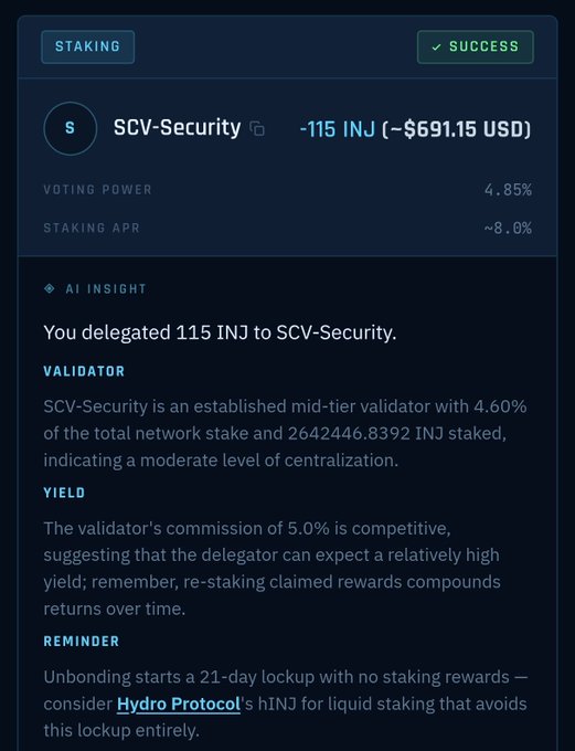 The screen shows a list of items that need your attention, including a reminder for an unboxing start with 21-day lockup with no stake reward - hydro protocol - HINNJ for liquid striking that avoids staking rewards - claiming... (reminder). The image is described as a screenshot from the vault, which indicates some sort of security feature.