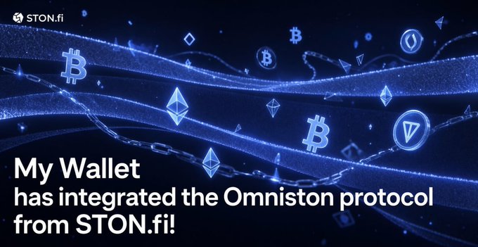A blue promotional graphic for STON.fi displays crypto symbols like Bitcoin and Ethereum flowing across the screen with the text 'My Wallet has integrated the Omniston protocol from STON.fi!'.