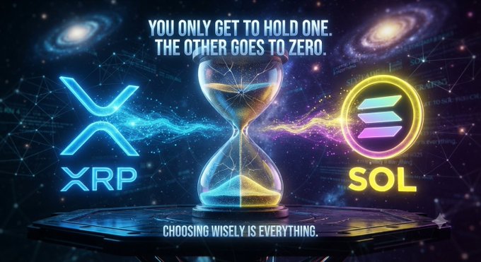 A crypto-themed graphic showing an hourglass between XRP and SOL logos with the text 'YOU ONLY GET TO HOLD ONE. THE OTHER GOES TO ZERO. CHOOSING WISELY IS EVERYTHING.'
