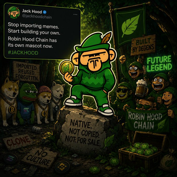 A promotional graphic featuring a tweet from Jack Hood (@jackhoodchain) reading 'Stop importing memes. Start building your own. Robin Hood Chain has its own mascot now. #JACKHOOD', alongside an illustration of a green-clad monkey mascot holding a leaf coin with supporters holding a 'ROBIN HOOD CHAIN' banner and signs saying 'NATIVE. NOT COPIED. NOT FOR SALE.'