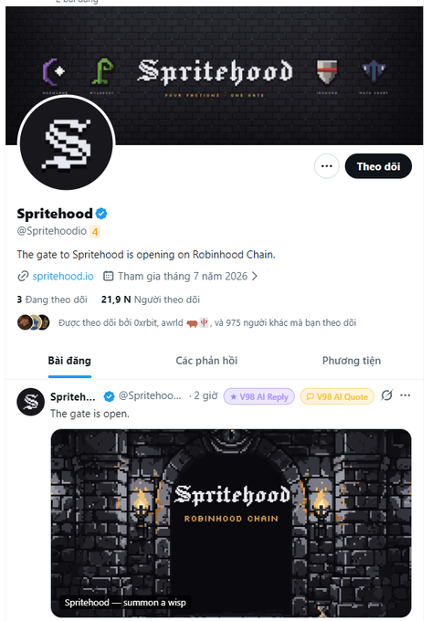 A social media profile page for 'Spritehood' (@Spritehoodio) announcing 'The gate to Spritehood is opening on Robinhood Chain,' featuring a gothic logo and a pinned post reading 'The gate is open.'