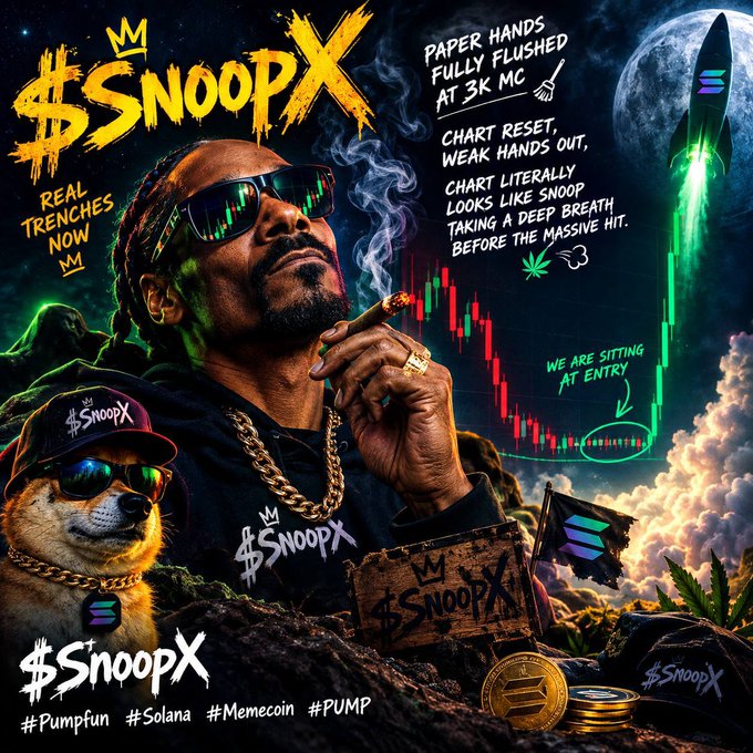 A promotional image for the memecoin '$SnoopX' featuring an AI-generated image of Snoop Dogg smoking with a Shiba Inu wearing a $SnoopX cap, alongside chart analysis commentary and hashtags #PumpFun, #Solana, #Memecoin, and #PUMP.