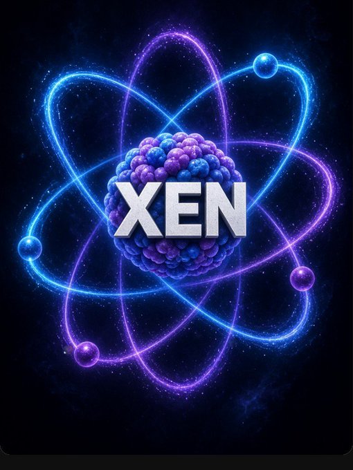Digital artwork featuring a glowing purple and blue atom-like structure with orbiting electrons surrounding a textured sphere, with the word "XEN" displayed in bold white letters across the center.