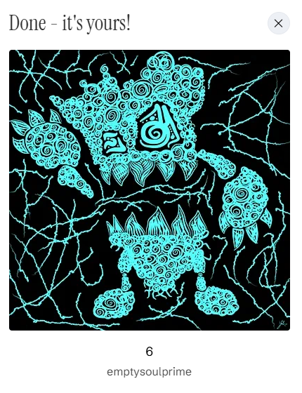 A digital art display notification reading 'Done - it's yours!' above a turquoise doodle-style illustration by 'emptysoulprime' (item 6).