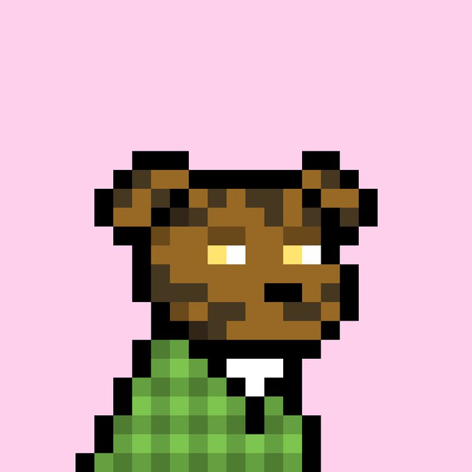 A pixel art character with brown skin, glowing eyes, and a green shirt set against a pink background, resembling a stylized video game sprite.