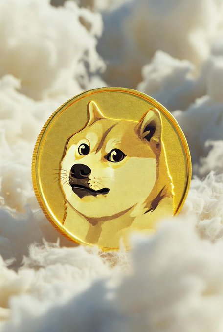 A Dogecoin (DOGE) gold coin featuring the iconic Shiba Inu dog face floats among fluffy white clouds against a blue sky.