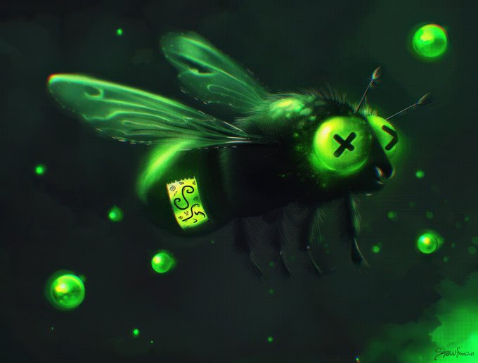 A glowing green bee with an "X" for one eye and a price tag marked "$1.99" flies through a dark space filled with floating green orbs, visually echoing the "Mystic Mutation" crypto art piece promoted by $FLIES. The luminous, otherworldly aesthetic and mysterious tag reflect the project's tagline that "art never rugs."