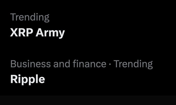 A dark screen displays the word "Trending" in gray, followed by "XRP Army" in bold white text, with "Business and finance • Trending" in gray and "Ripple" in bold white text below. The image illustrates that both the XRP Army and Ripple are trending topics in the business and finance category, matching the accompanying post.