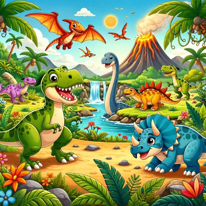 A colorful cartoon illustration of friendly dinosaurs, including T-Rexes, pterodactyls, a stegosaurus, triceratops, and a long-neck, in a tropical jungle with a volcano and waterfall.