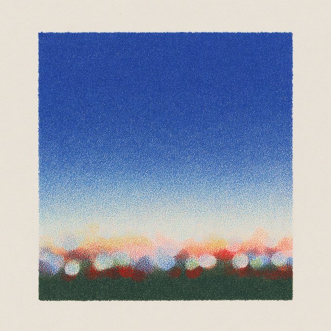 A pixelated artwork showing a deep blue gradient sky transitioning into a soft horizon of glowing pink, orange, and white lights above a dark green landscape.