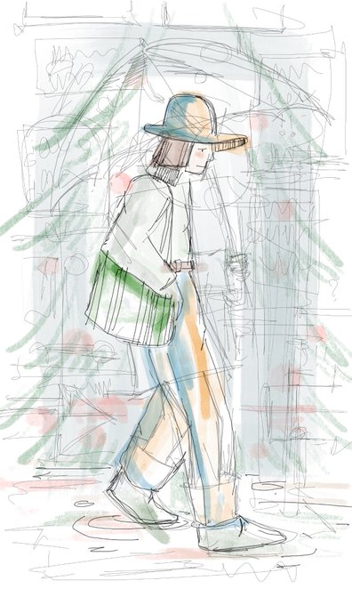 A colored pencil sketch of a person wearing a wide-brimmed hat and loose clothing walking through a loosely drawn outdoor setting.
