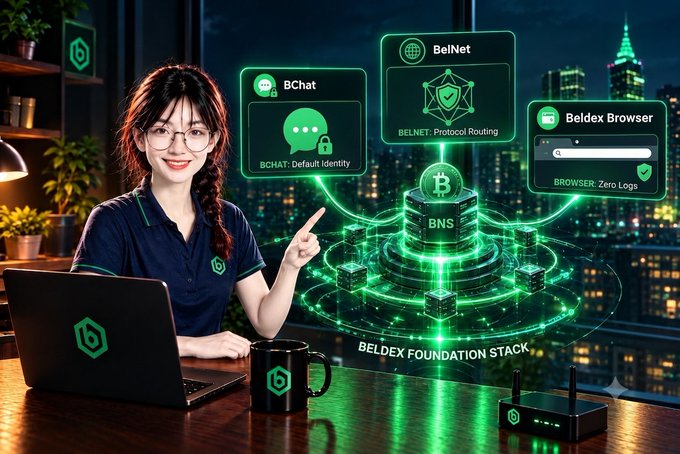 A promotional digital graphic showing a smiling young woman at a laptop beside glowing green holographic displays advertising the 'BELDEX FOUNDATION STACK' with components like BChat, BelNet Protocol Routing, and Beldex Browser, plus a BNS cryptocurrency block.