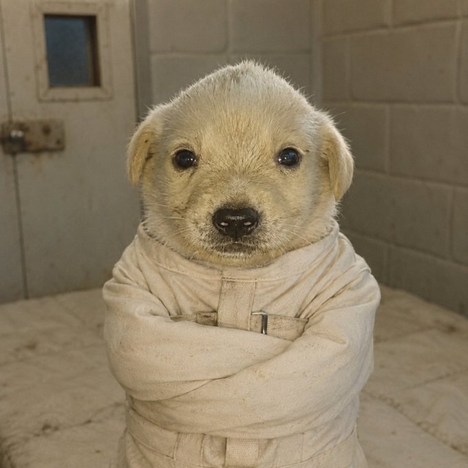 A small, light-colored puppy is tightly wrapped in a white cloth or jacket, making it resemble a swaddled human.