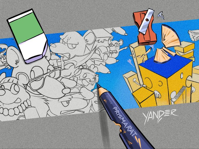 Artwork signed 'YANDER' showing a Prismacolor pencil coloring in a sketch featuring a smartphone, cartoon cats, and a pencil sharpener scene.