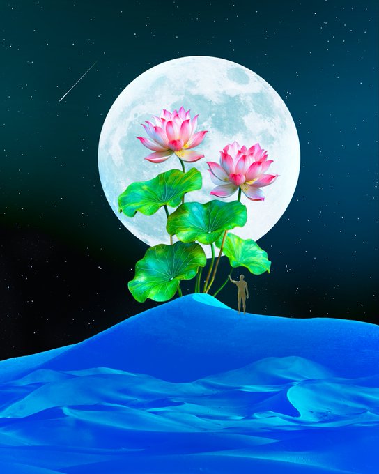 A surreal digital artwork depicts a tiny figure standing on a blue hill, reaching up toward large pink lotus flowers set against a massive full moon and starry night sky.
