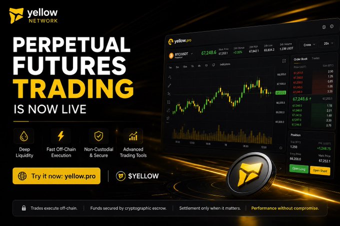 The image features a Bitcoin portfolio dashboard with the text "Perpetual Futures Trading" displayed at the top of the screen, along with various investment symbols such as diamonds, lightning bolts, and coins placed around the edges of the panel. The content also includes details about how to try it out for free using the website @YellowProHQ.