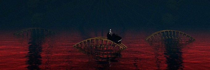 A dark, atmospheric painting of a lone figure in a boat with a lantern, floating on deep red water past partially submerged arched structures under a night sky.