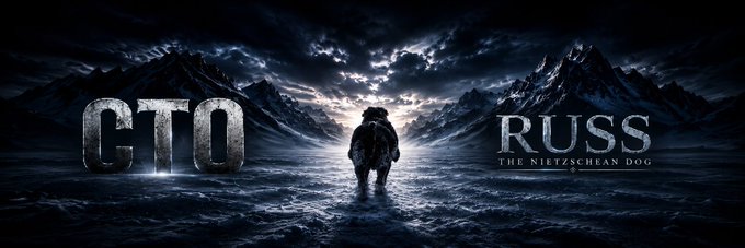 A dramatic cinematic image titled 'CTO RUSS - THE NIETZSCHEAN DOG' showing a lone figure walking toward mountains in a dark, moody landscape.