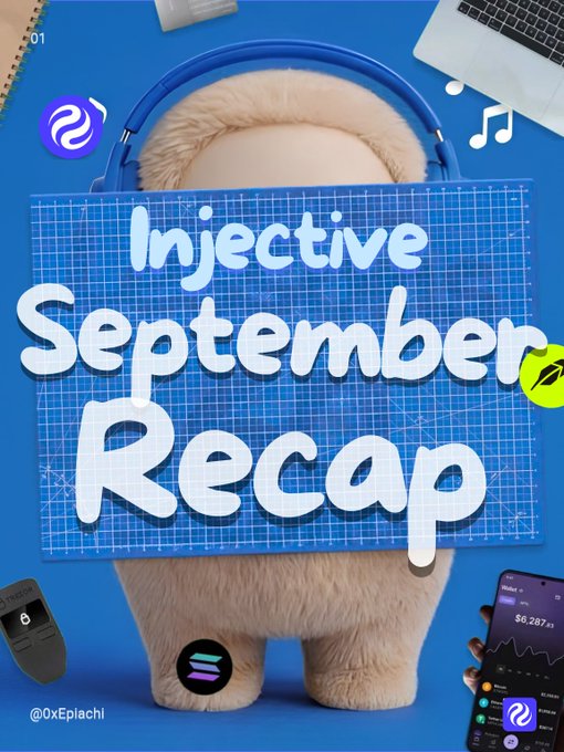 A graphic featuring a fluffy beige character with blue headphones, with text reading 'Injective September Recap' and '@0xEplachi'.