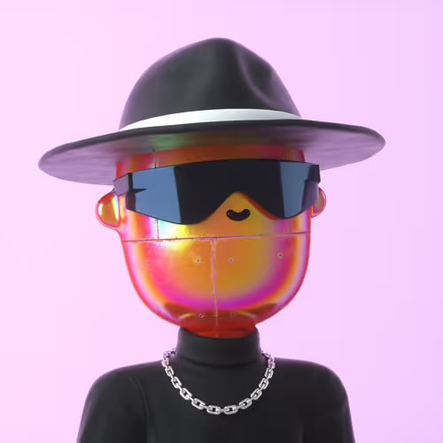 A 3D-rendered figure wearing a black hat, futuristic reflective sunglasses, and a silver chain necklace stands against a pink backdrop.