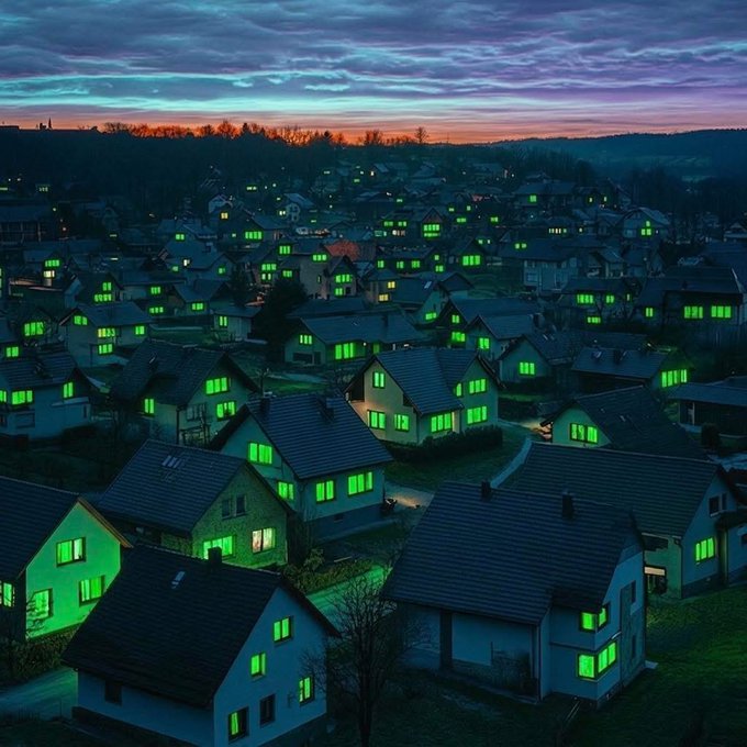An aerial twilight view of a suburban neighborhood where every window glows with an eerie, unnatural bright green light against a colorful sunset sky.