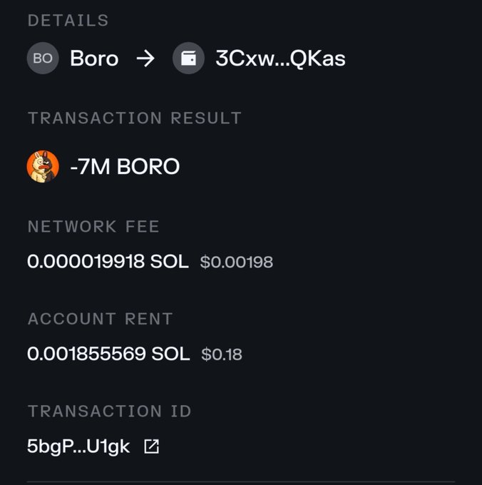 Transaction details screen showing a successful transfer of 7M BORO tokens to wallet 3Cxw...QKas, with a network fee of 0.000019918 SOL ($0.00198) and account rent of 0.001855569 SOL ($0.18), transaction ID 5bgP...U1gk—appearing as proof of a claim from the promotional airdrop offering 13.9M to 34.75M $BORO tokens for 38 users celebrating 39K followers.