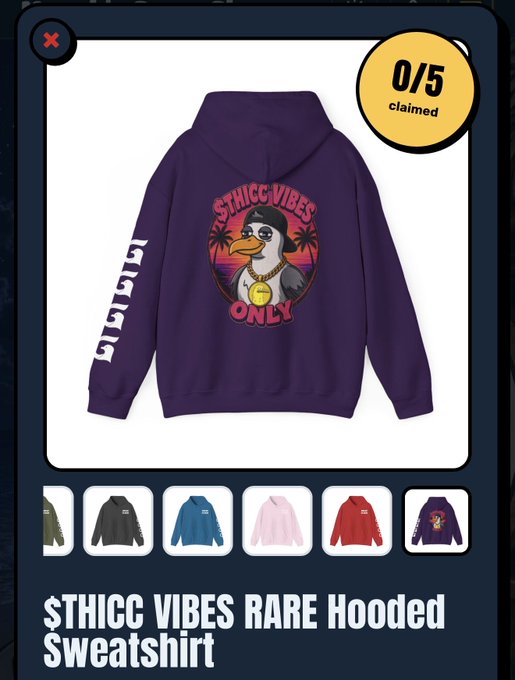 A digital storefront displays a purple hooded sweatshirt featuring a penguin graphic with the text 'STHICC VIBES ONLY', labeled '0/5 claimed' and '$THICC VIBES RARE Hooded Sweatshirt'.