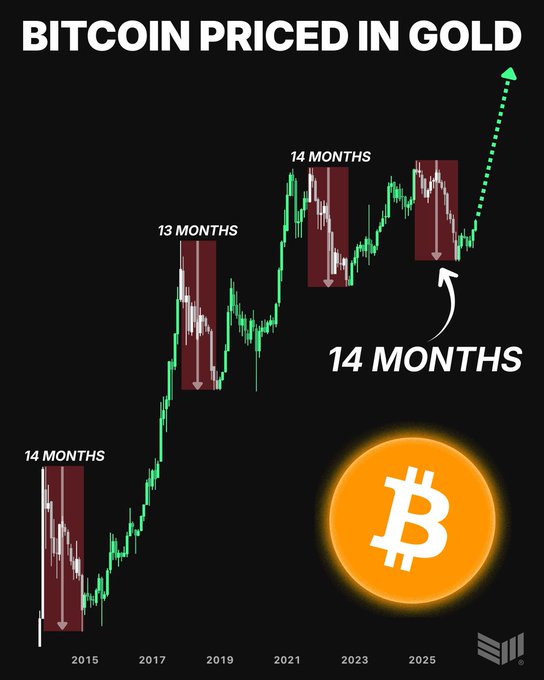 A financial chart titled 'BITCOIN PRICED IN GOLD' showing a candlestick graph from 2015 to 2025 with annotations of '13 MONTHS' and '14 MONTHS' over red shaded downturn areas, alongside a glowing Bitcoin logo.