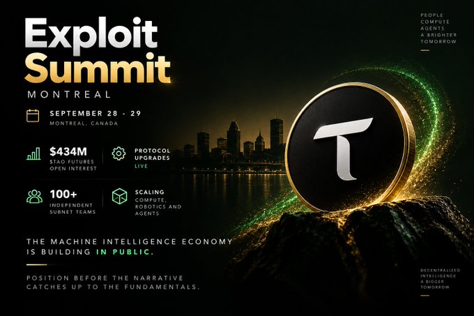 A promotional poster for 'Exploit Summit Montreal' on September 28-29, featuring a gold coin with a 'T' logo and stats including '$434M' and '100+ INDEPENDENT SUBNET TEAMS'.
