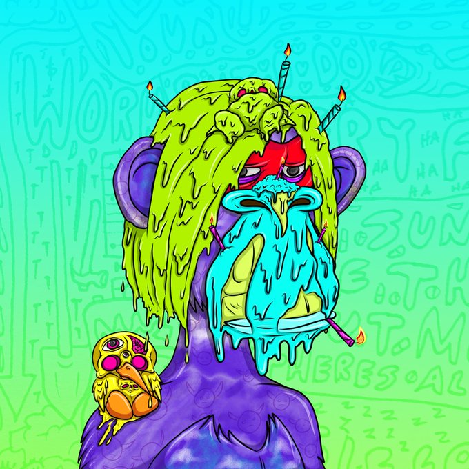 A colorful psychedelic illustration of a melting purple and green creature with candle-like protrusions and a small yellow chick-like figure, set against a background of letters and 'HA HA HA' text.