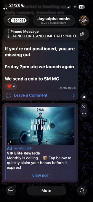 A Telegram channel screenshot for 'Jaysalpha cooks' showing a pinned message about a launch date and an ad for 'Stake' VIP Elite Rewards.