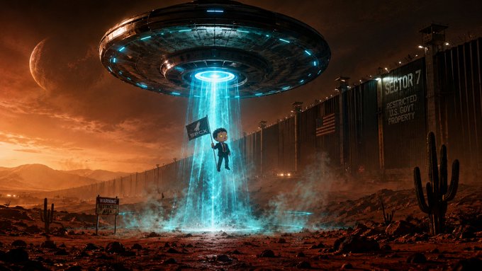 The image depicts a scene from outer space where an alien spaceship descends towards Earth with its crew aboard. The spaceship emits a blue beam that cuts through the desert dust, creating a striking contrast against the barren landscape. In the center of the scene, a person is seen flying in the air, holding onto a flag and appearing to be under attack by the spaceship's electric beam.

The post features an image of a man with a backpack flying above a desert area, surrounded by cacti. The caption reads "$SPCX Beyond Sector 7 Under the burning skies of Sector 7, a mysterious UFO descends with an electric blue beam cutting through the desert dust." This description emphasizes the alien spaceship's presence and its destructive nature towards Earth.