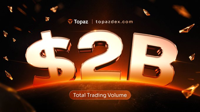 A promotional graphic displaying large, metallic golden text '$2B' over a fiery orange background with floating shards, featuring the Topaz logo and 'topazdex.com' at the top, and 'Total Trading Volume' at the bottom.