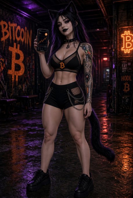 An AI-generated illustration of a woman with cat ears, a tail, and tattoos, wearing a black mesh bra top with a Bitcoin logo, black shorts with chains, and platform boots, holding a phone displaying a Bitcoin chart, standing in a neon-lit room with Bitcoin and "HODL" graffiti.