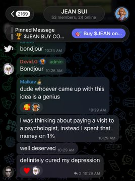 A screenshot of a group chat named 'JEAN SUI' where users joke about spending money on the chat instead of a psychologist.